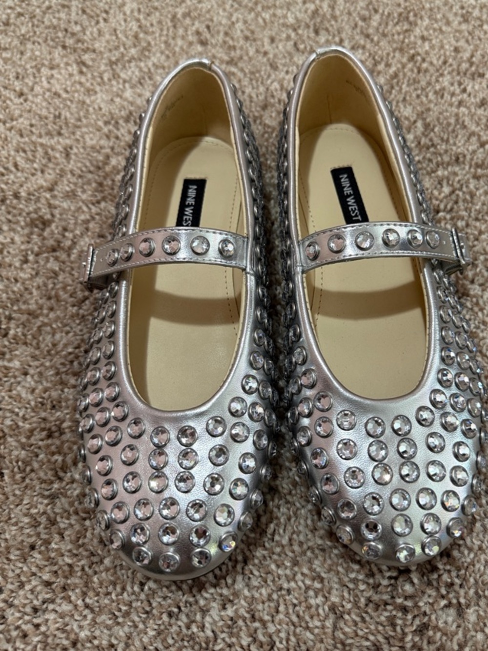 Nine West Silver Jeweled Mary Jane Flats